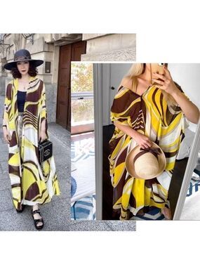 Zara yellow brown kaftan chiffon button front shawl cardigan beach coverup M NWT